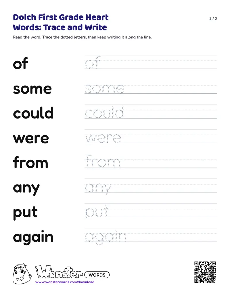 Page 1 of the Dolch First Grade Heart Words: Trace and Write worksheet (2 pages): 11 words