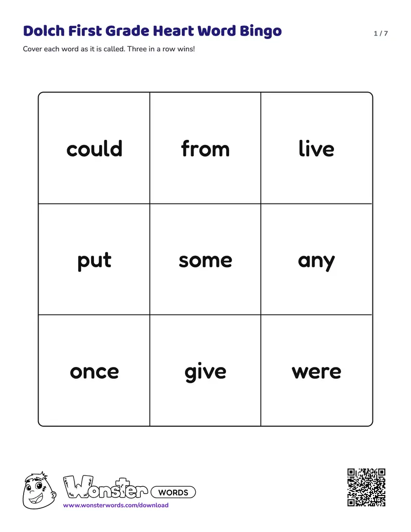 Page 1 of the Dolch First Grade Heart Word Bingo worksheet (7 pages): 11 words