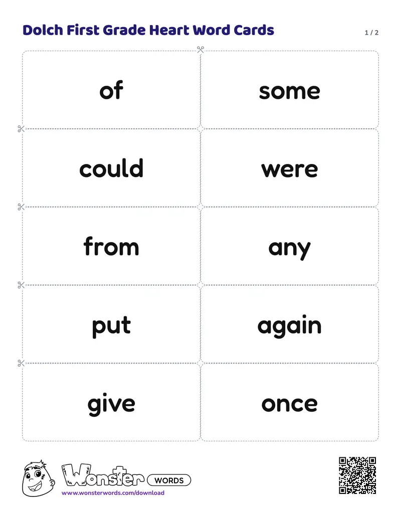 Page 1 of the Dolch First Grade Heart Word Cards worksheet (2 pages): 11 cards