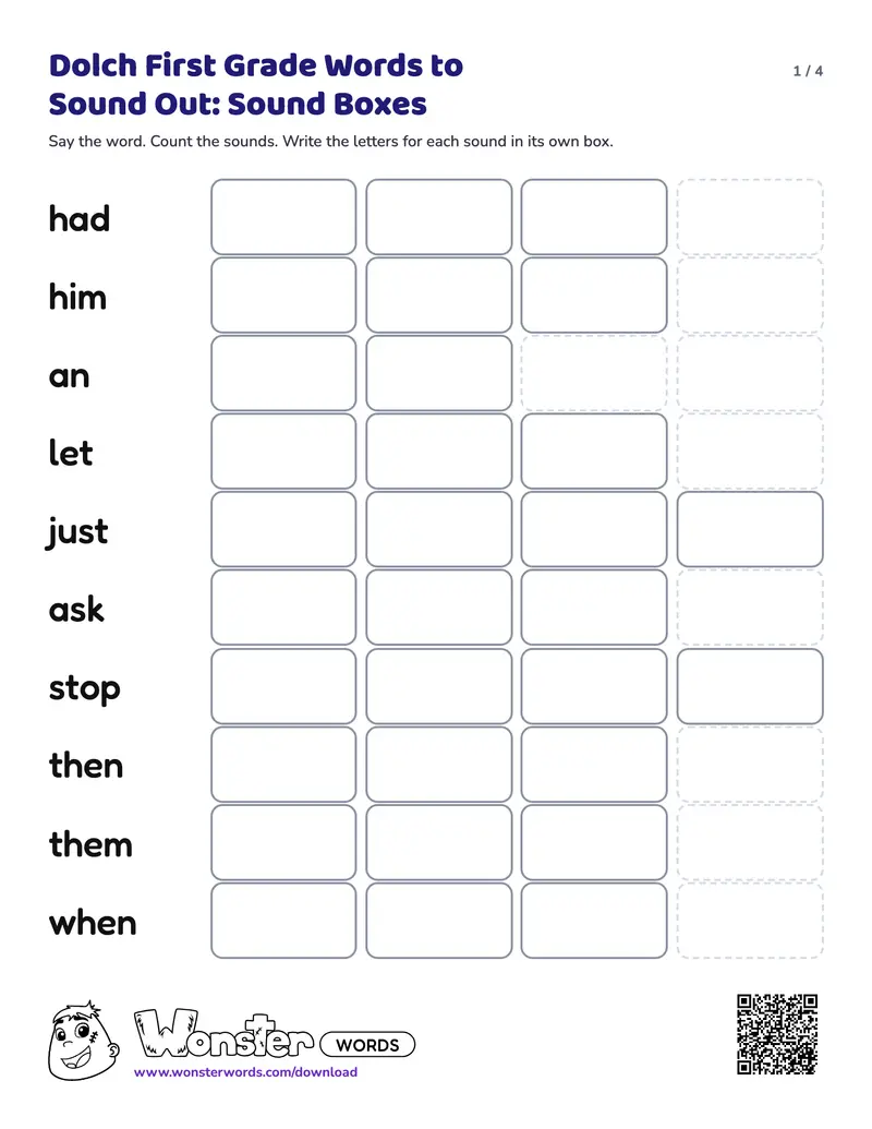 Page 1 of the Dolch First Grade Words to Sound Out: Sound Boxes worksheet (4 pages): 20 words, answer key included