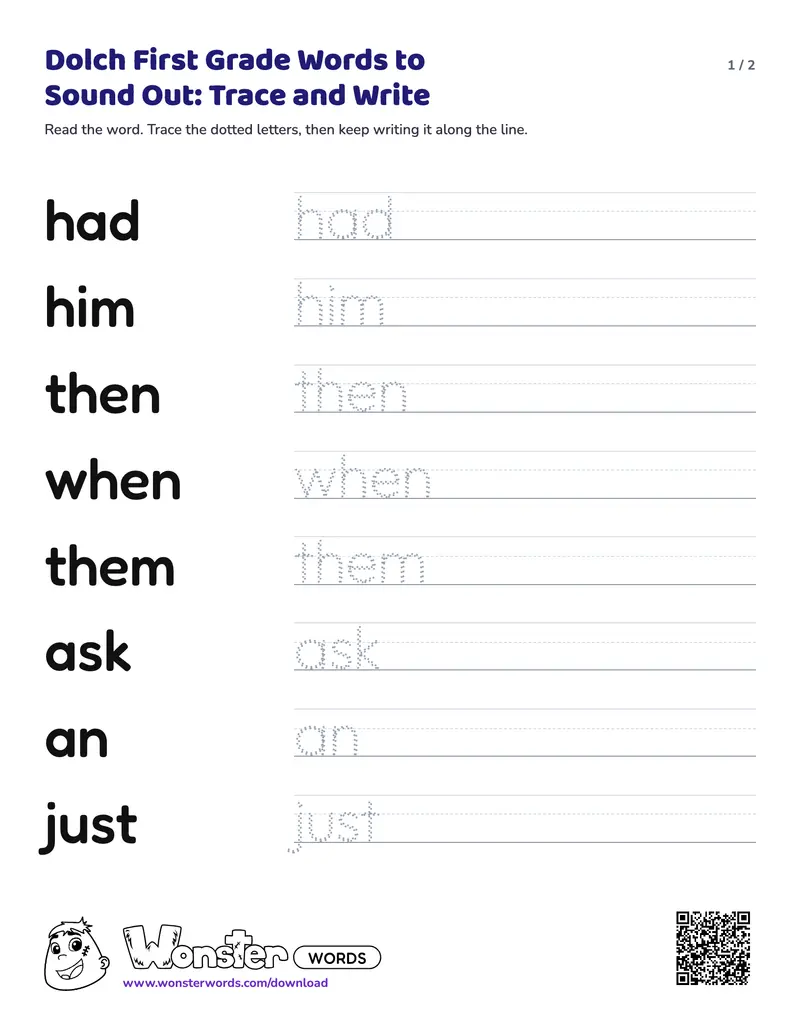 Page 1 of the Dolch First Grade Words to Sound Out: Trace and Write worksheet (2 pages): 16 words