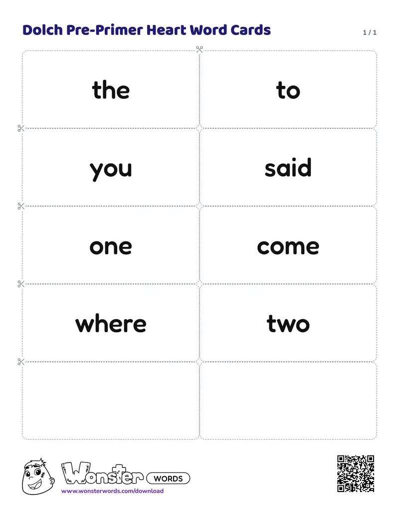 The Dolch Pre-Primer Heart Word Cards worksheet: 8 cards