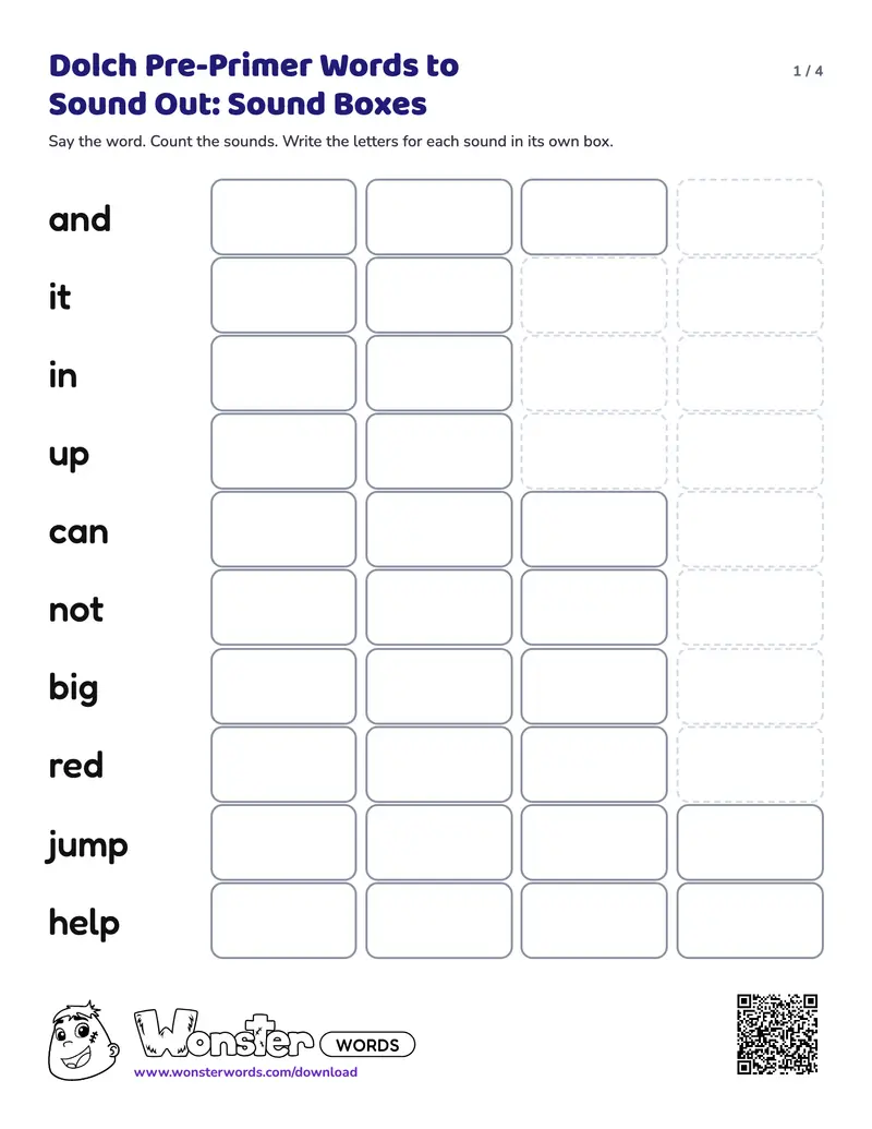 Page 1 of the Dolch Pre-Primer Words to Sound Out: Sound Boxes worksheet (4 pages): 20 words, answer key included