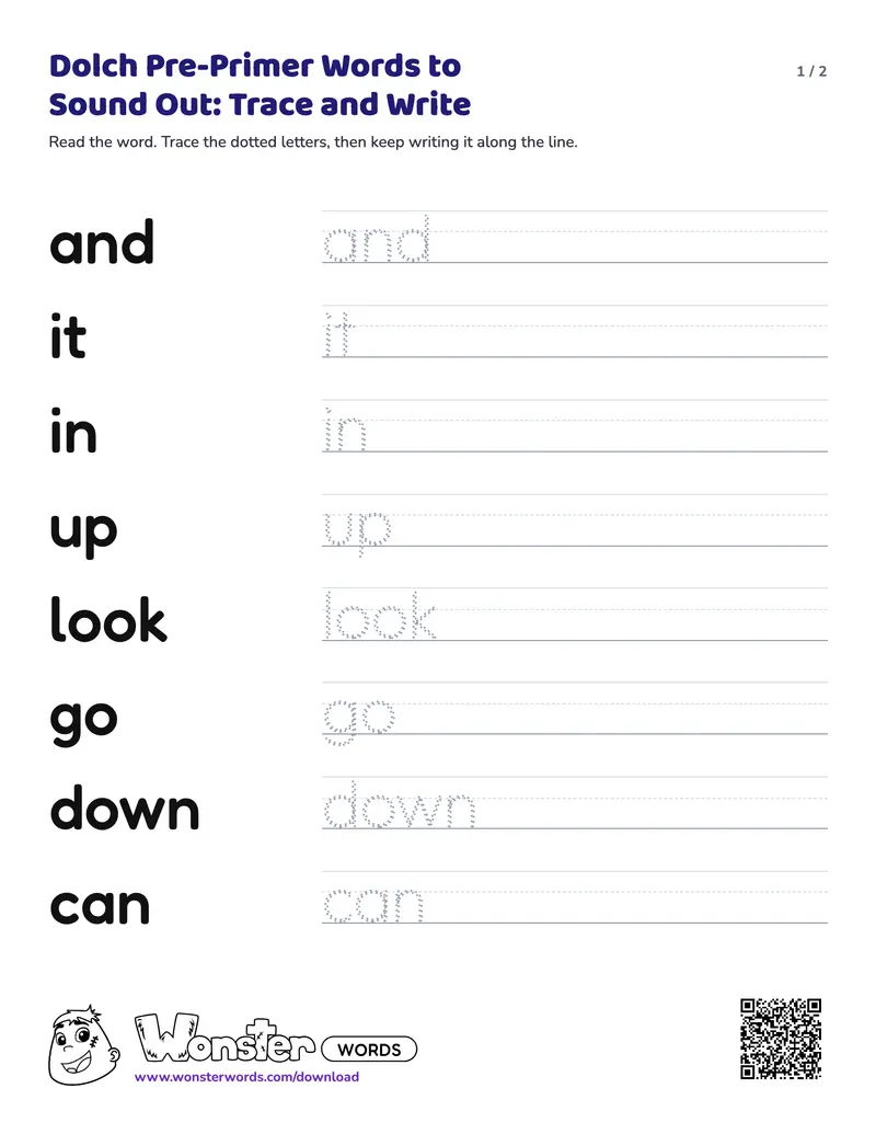 Page 1 of the Dolch Pre-Primer Words to Sound Out: Trace and Write worksheet (2 pages): 16 words