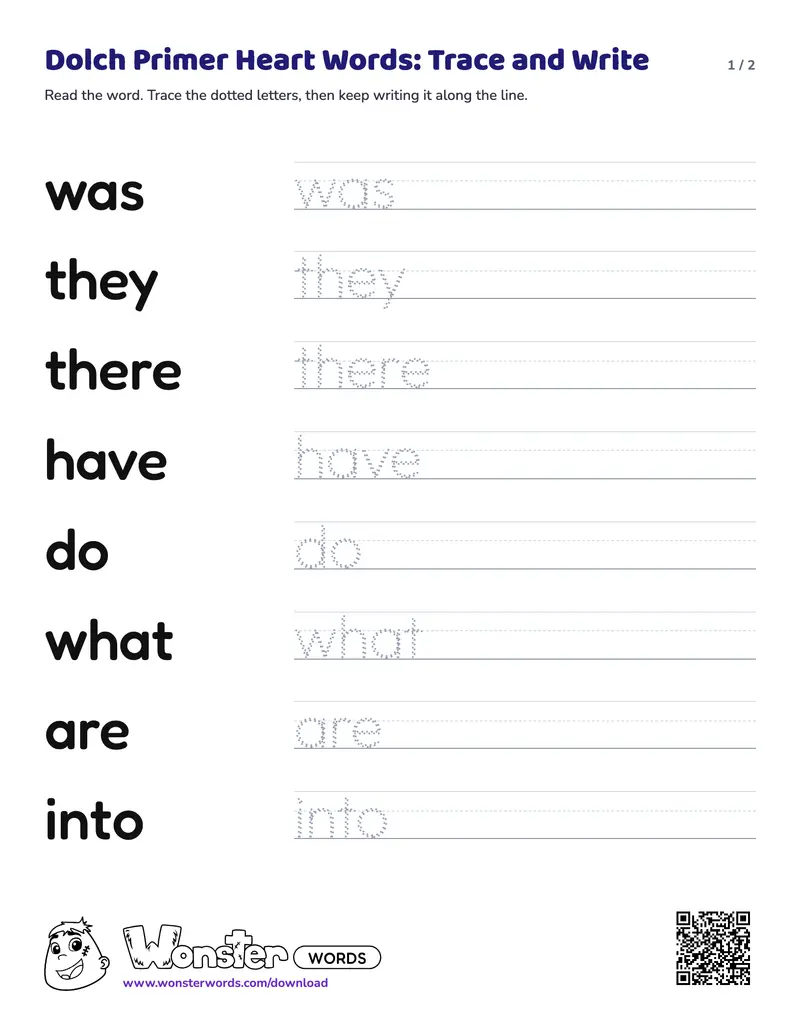 Page 1 of the Dolch Primer Heart Words: Trace and Write worksheet (2 pages): 12 words