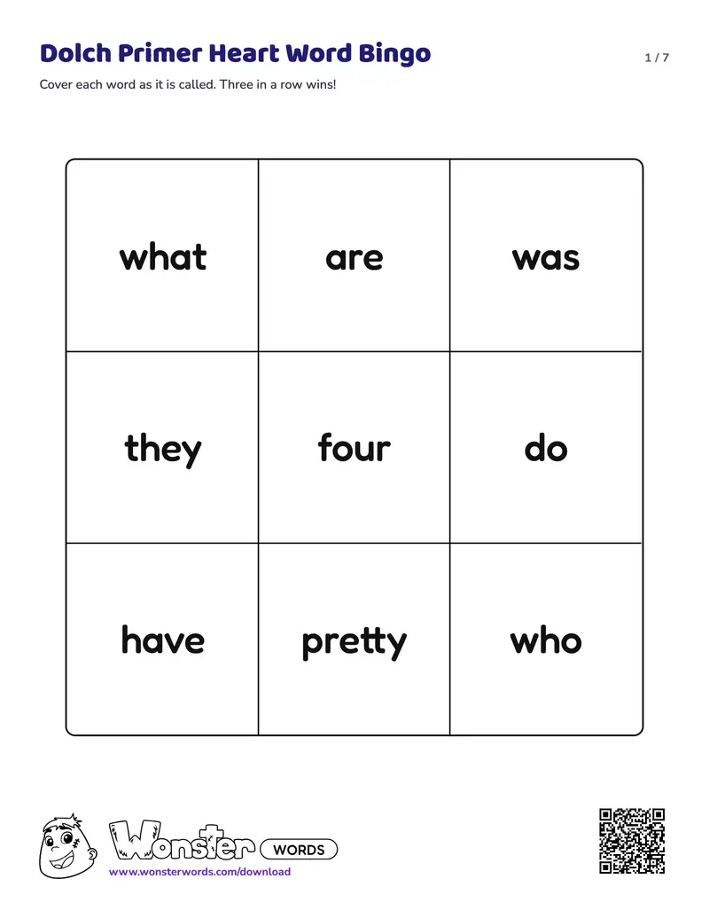 Page 1 of the Dolch Primer Heart Word Bingo worksheet (7 pages): 12 words