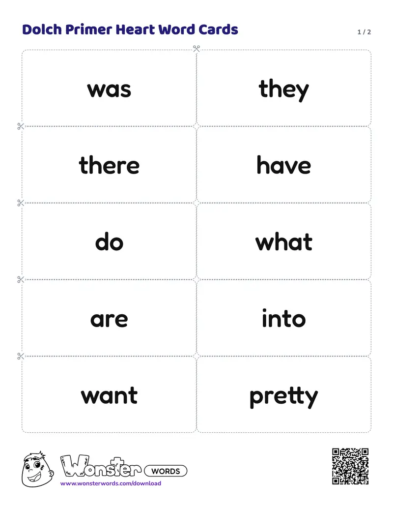 Page 1 of the Dolch Primer Heart Word Cards worksheet (2 pages): 12 cards