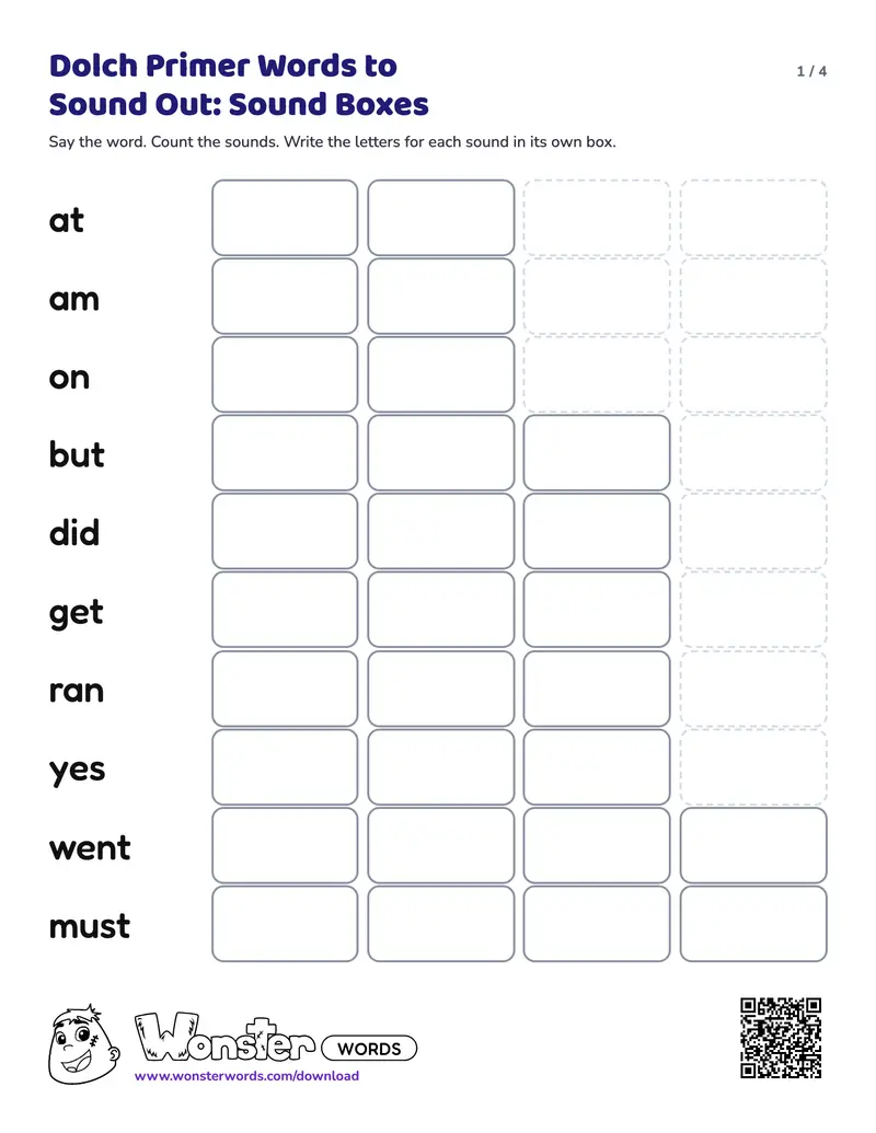 Page 1 of the Dolch Primer Words to Sound Out: Sound Boxes worksheet (4 pages): 20 words, answer key included