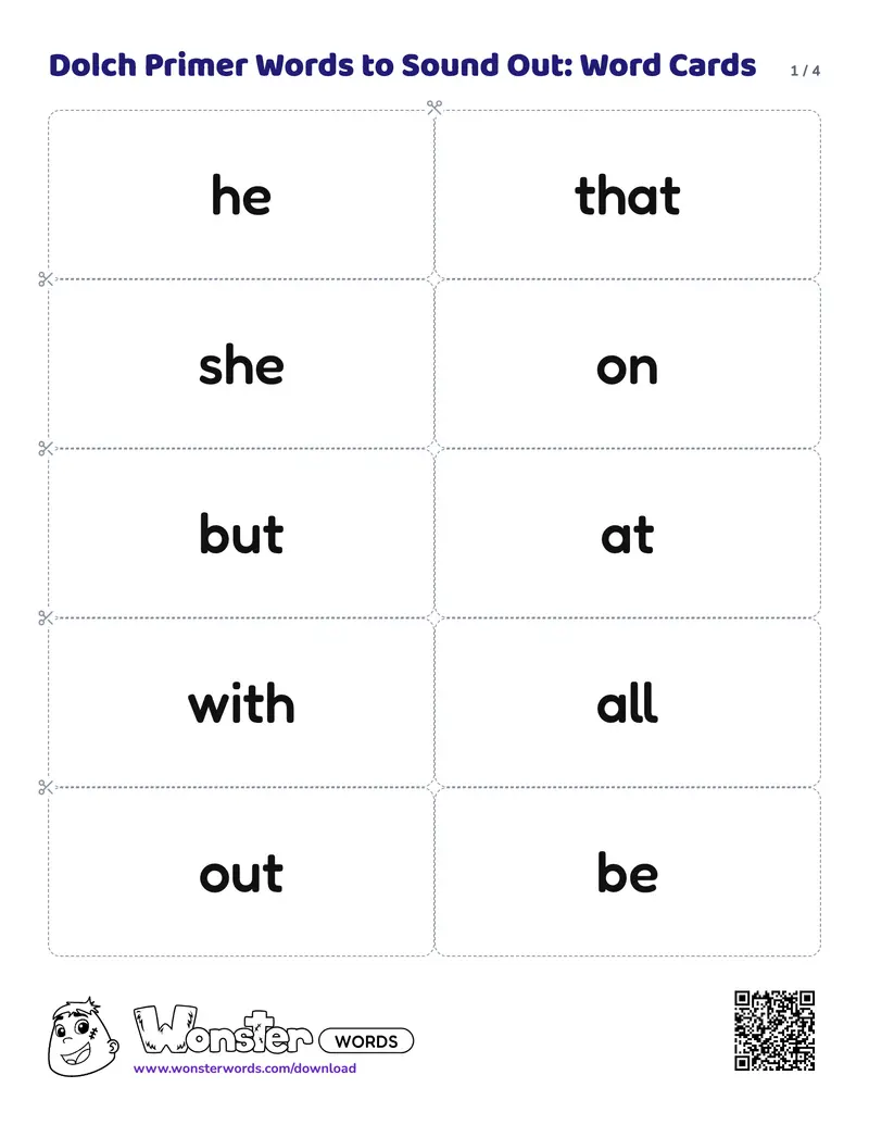 Page 1 of the Dolch Primer Words to Sound Out: Word Cards worksheet (4 pages): 40 cards