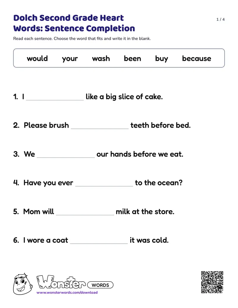 Page 1 of the Dolch Second Grade Heart Words: Sentence Completion worksheet (4 pages): 12 sentences, answer key included
