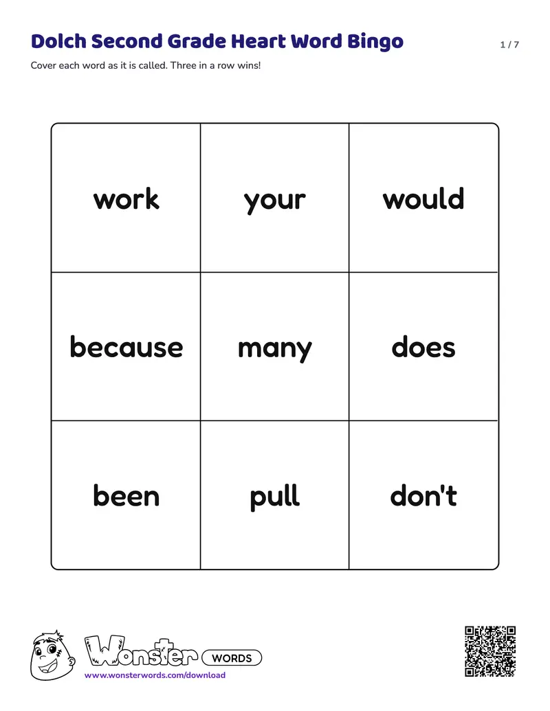 Page 1 of the Dolch Second Grade Heart Word Bingo worksheet (7 pages): 12 words