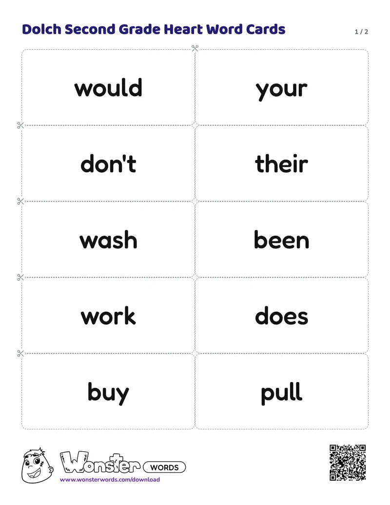 Page 1 of the Dolch Second Grade Heart Word Cards worksheet (2 pages): 12 cards