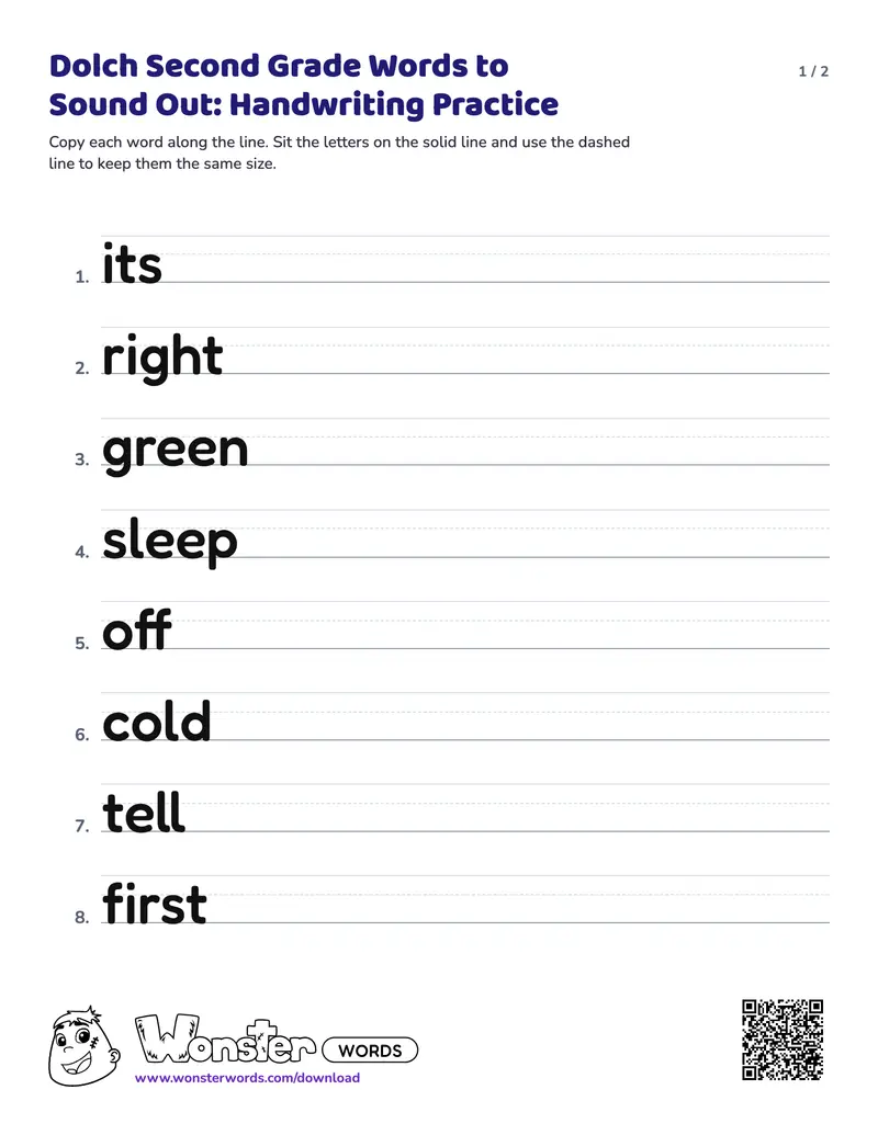 Page 1 of the Dolch Second Grade Words to Sound Out: Handwriting Practice worksheet (2 pages): 16 words