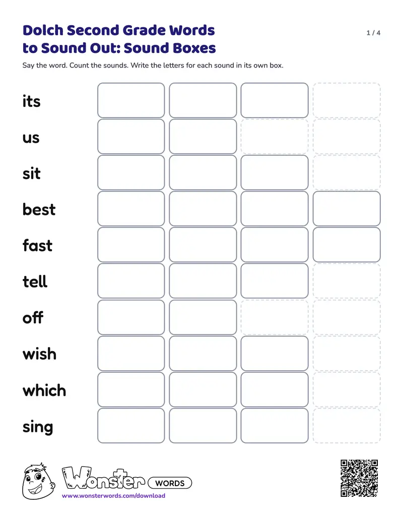 Page 1 of the Dolch Second Grade Words to Sound Out: Sound Boxes worksheet (4 pages): 20 words, answer key included