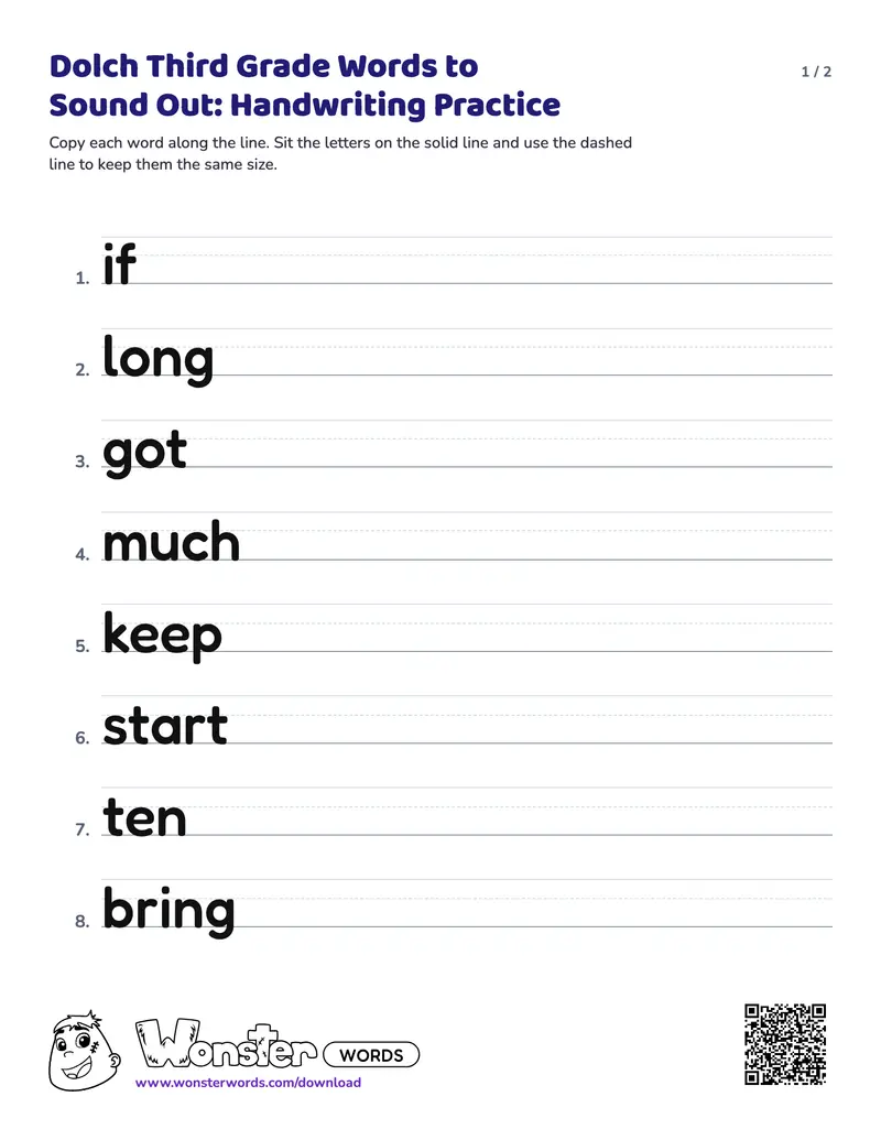 Page 1 of the Dolch Third Grade Words to Sound Out: Handwriting Practice worksheet (2 pages): 16 words