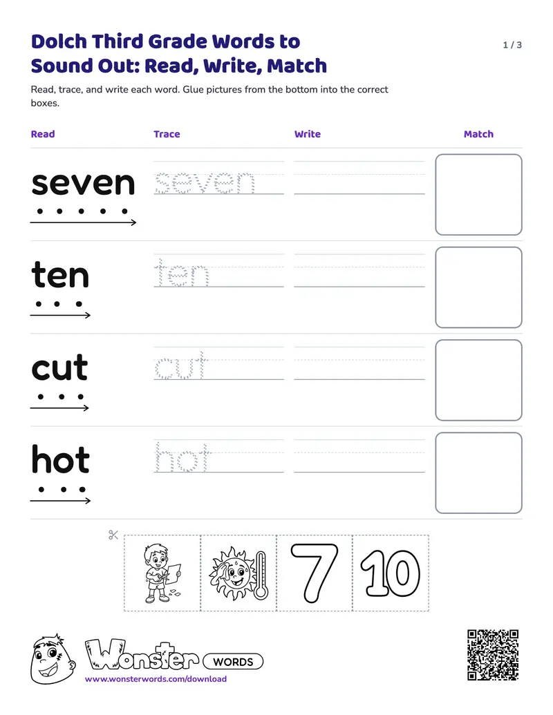 Page 1 of the Dolch Third Grade Words to Sound Out: Read, Write, Match worksheet (3 pages): 7 words, answer key included