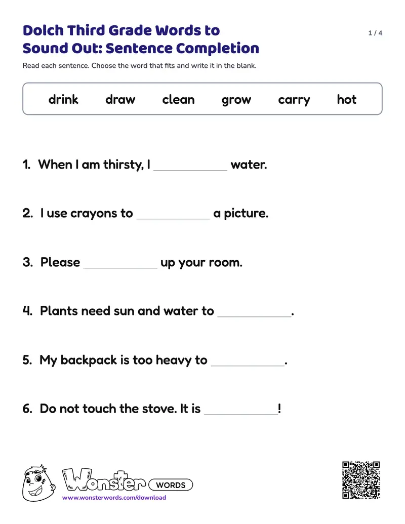 Page 1 of the Dolch Third Grade Words to Sound Out: Sentence Completion worksheet (4 pages): 12 sentences, answer key included