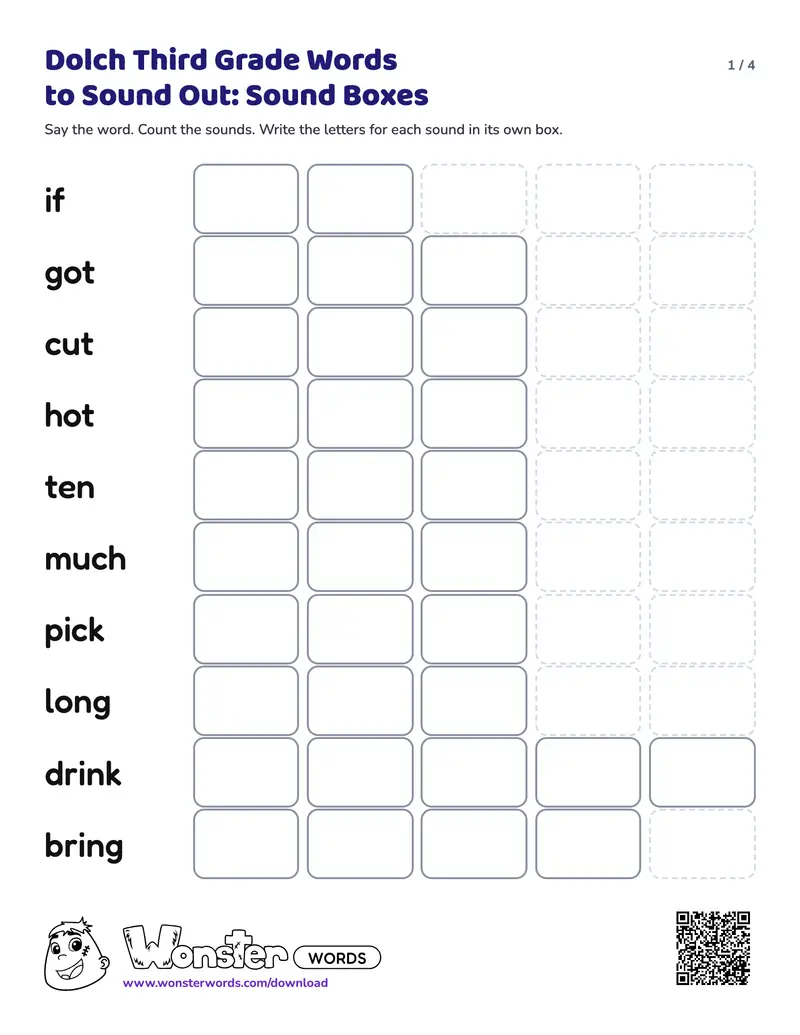 Page 1 of the Dolch Third Grade Words to Sound Out: Sound Boxes worksheet (4 pages): 20 words, answer key included
