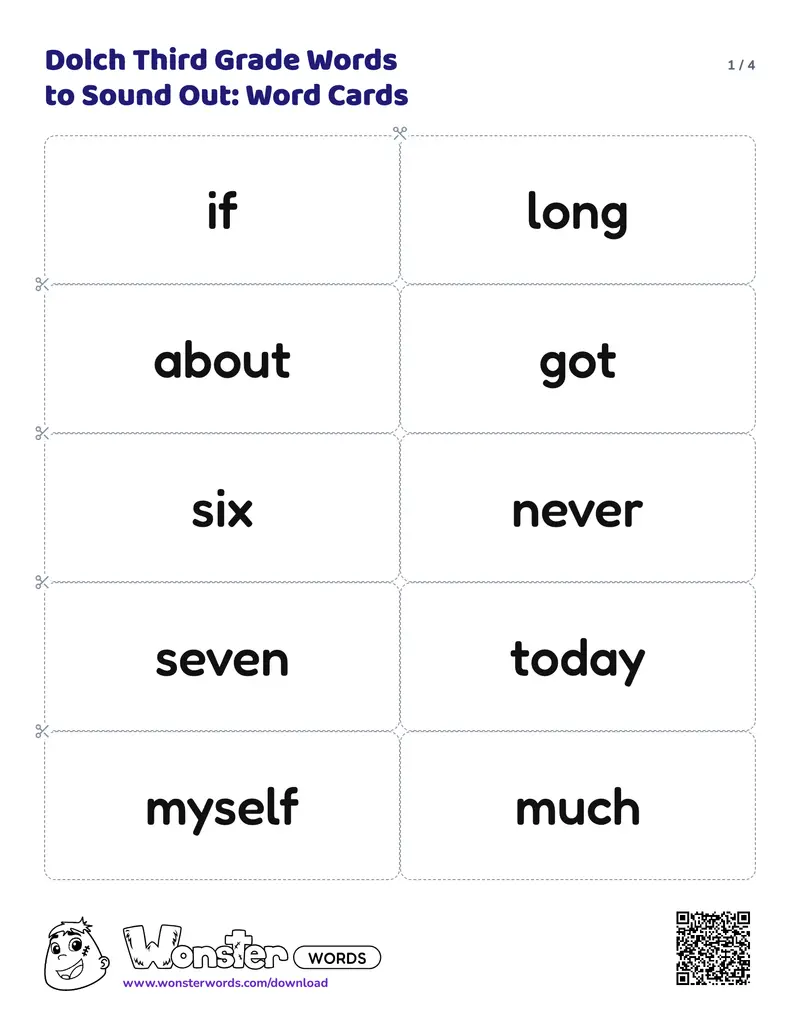 Page 1 of the Dolch Third Grade Words to Sound Out: Word Cards worksheet (4 pages): 35 cards