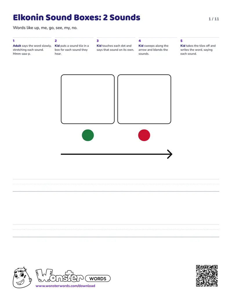Page 1 of the Elkonin Sound Boxes worksheet (11 pages): 127 sound tiles