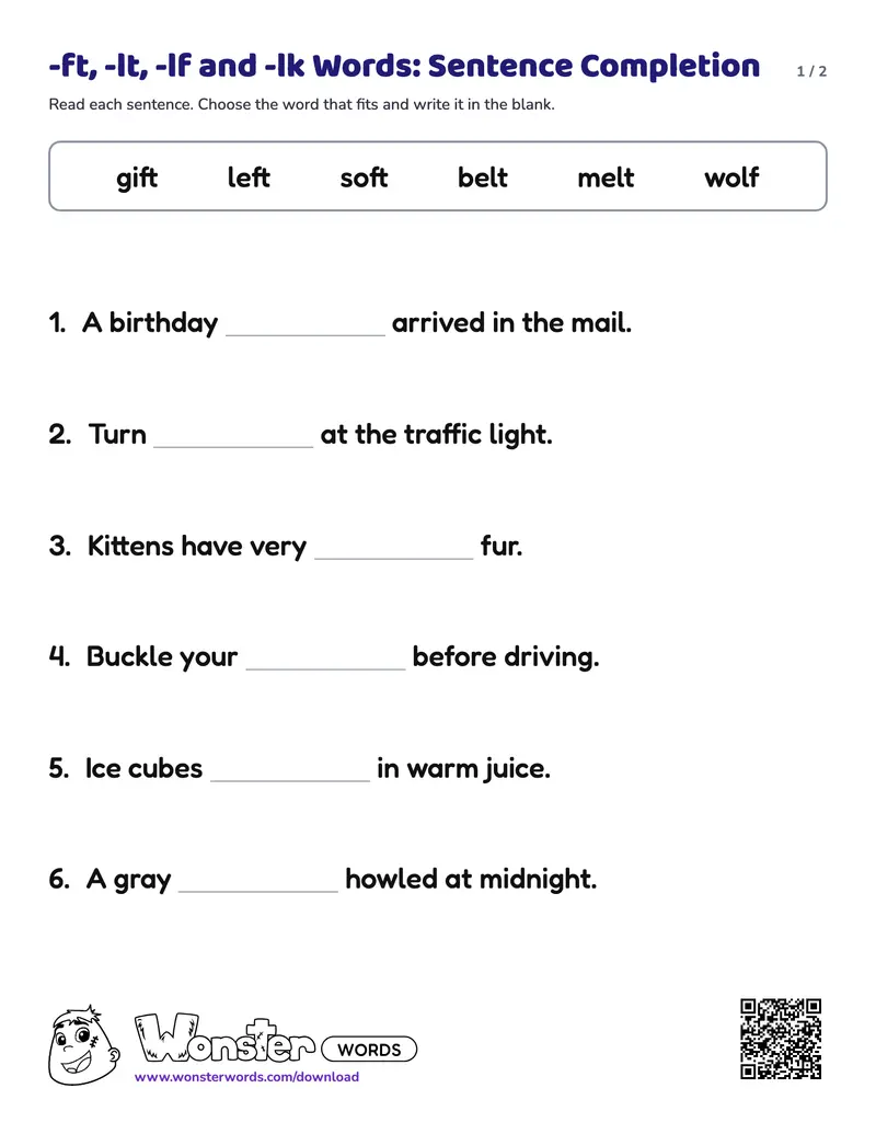 Page 1 of the -ft, -lt, -lf and -lk Words: Sentence Completion worksheet (2 pages): 6 sentences, answer key included