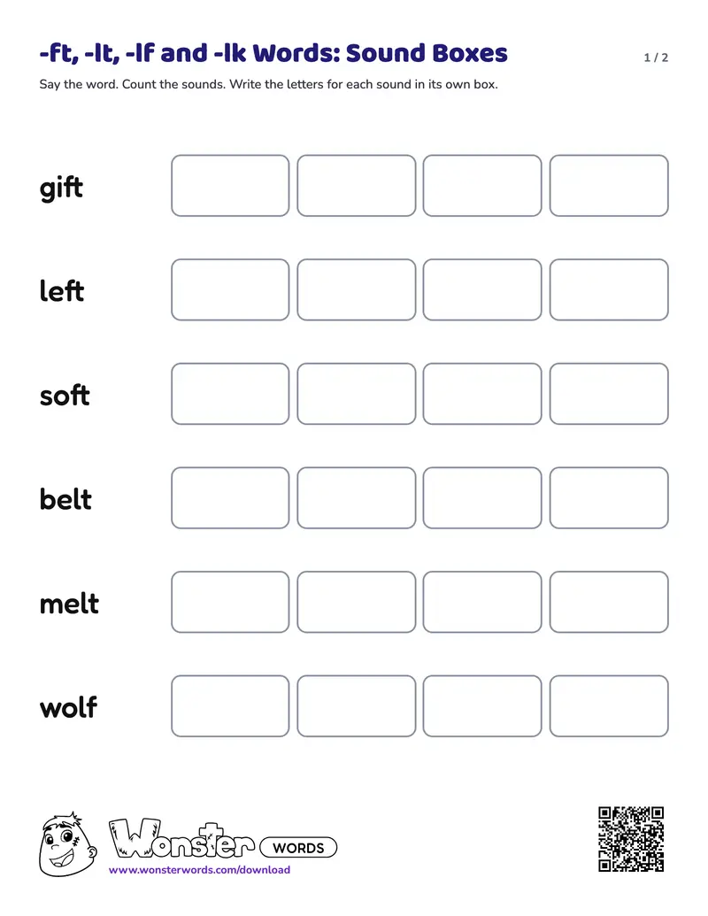 Page 1 of the -ft, -lt, -lf and -lk Words: Sound Boxes worksheet (2 pages): 6 words, answer key included