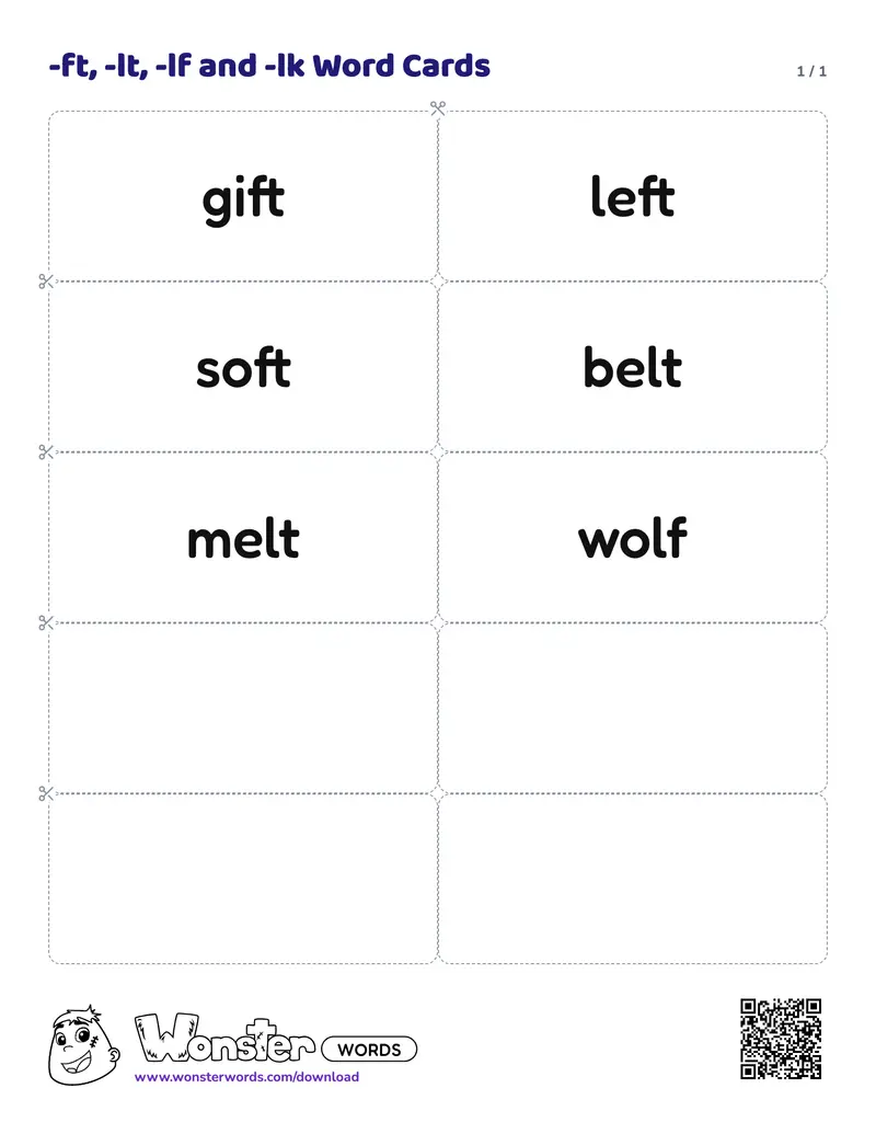 The -ft, -lt, -lf and -lk Word Cards worksheet: 6 cards