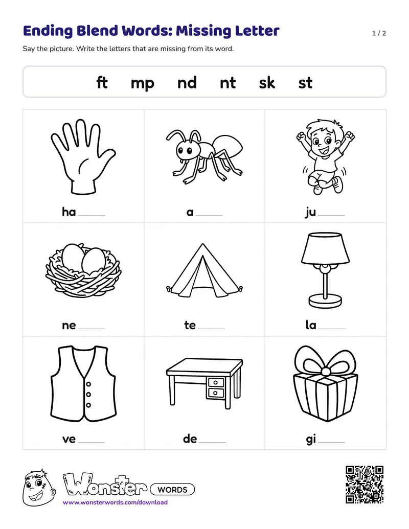 Page 1 of the Ending Blend Words: Missing Letter worksheet (2 pages): 9 pictures, answer key included