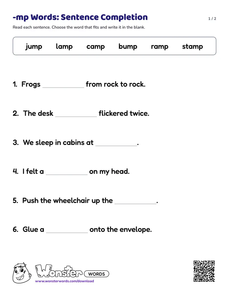 Page 1 of the -mp Words: Sentence Completion worksheet (2 pages): 6 sentences, answer key included