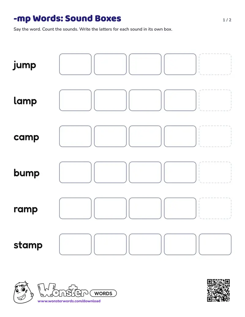Page 1 of the -mp Words: Sound Boxes worksheet (2 pages): 6 words, answer key included
