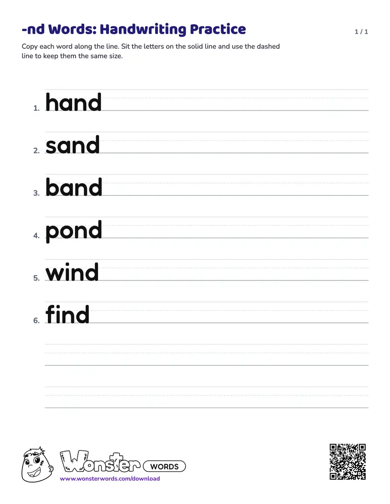 The -nd Words: Handwriting Practice worksheet: 6 words