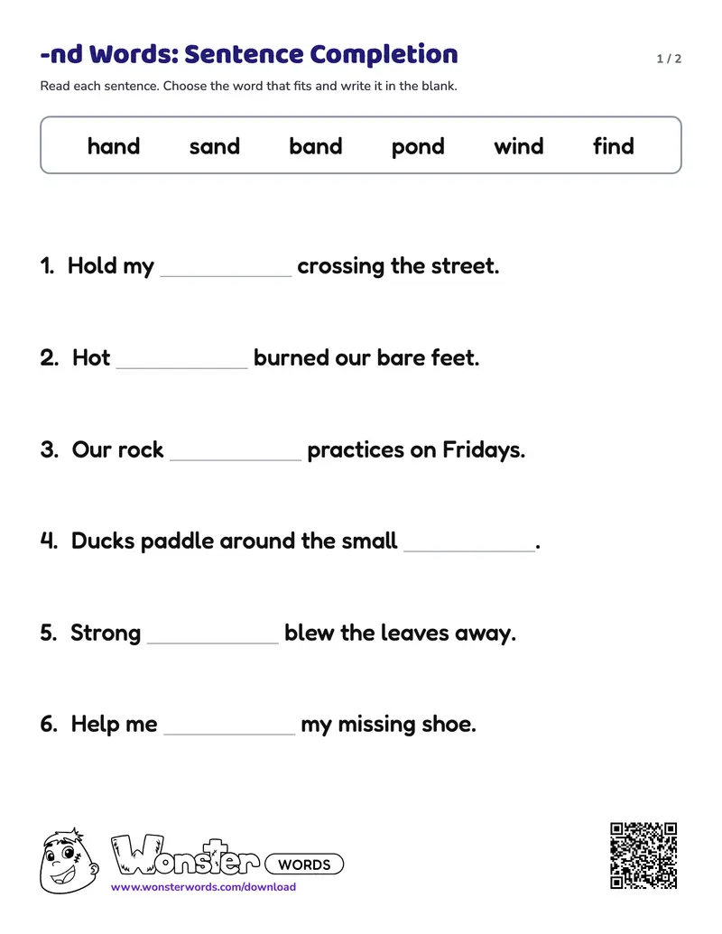 Page 1 of the -nd Words: Sentence Completion worksheet (2 pages): 6 sentences, answer key included