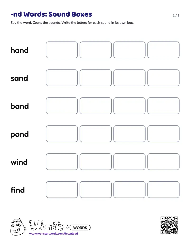 Page 1 of the -nd Words: Sound Boxes worksheet (2 pages): 6 words, answer key included