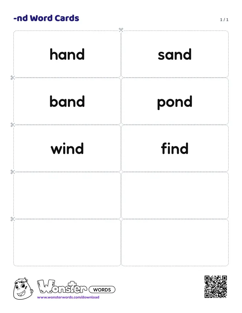 The -nd Word Cards worksheet: 6 cards