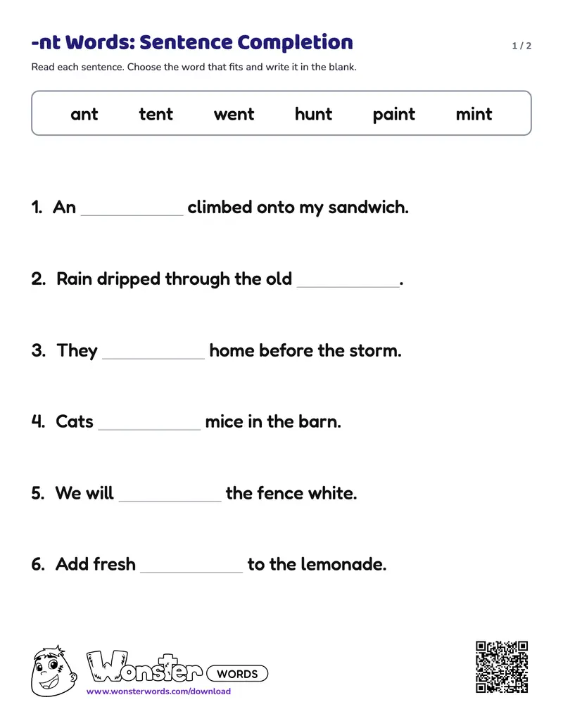 Page 1 of the -nt Words: Sentence Completion worksheet (2 pages): 6 sentences, answer key included