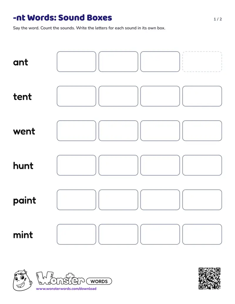 Page 1 of the -nt Words: Sound Boxes worksheet (2 pages): 6 words, answer key included