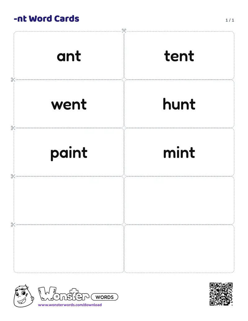 The -nt Word Cards worksheet: 6 cards