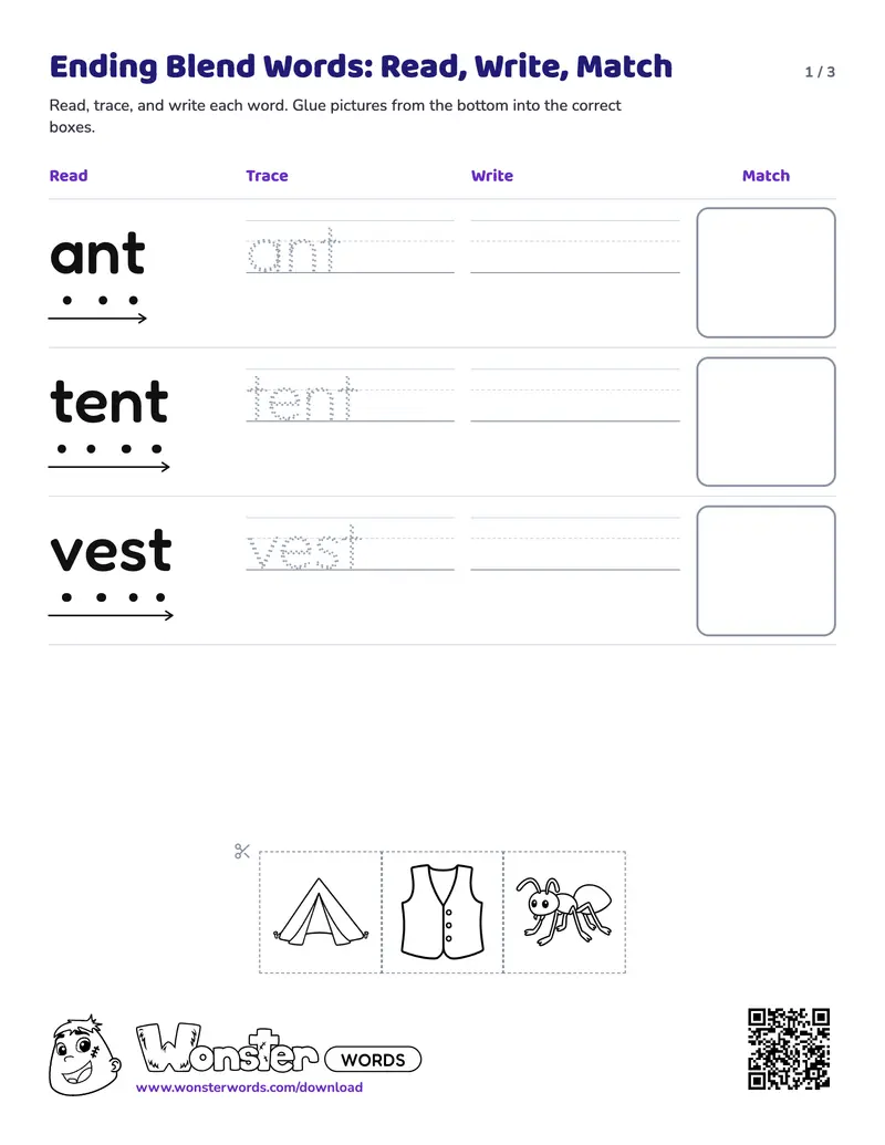 Page 1 of the Ending Blend Words: Read, Write, Match worksheet (3 pages): 5 words, answer key included