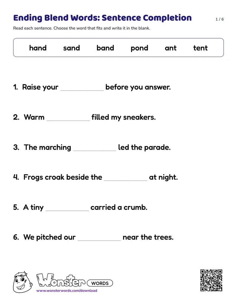 Page 1 of the Ending Blend Words: Sentence Completion worksheet (6 pages): 16 sentences, answer key included