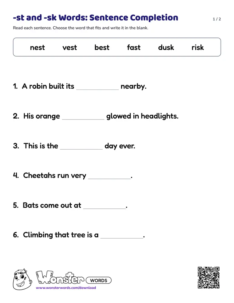 Page 1 of the -st and -sk Words: Sentence Completion worksheet (2 pages): 6 sentences, answer key included