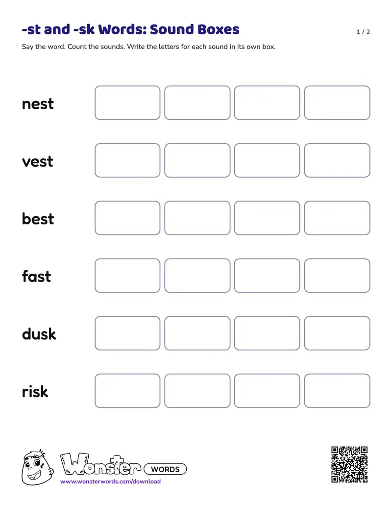 Page 1 of the -st and -sk Words: Sound Boxes worksheet (2 pages): 6 words, answer key included