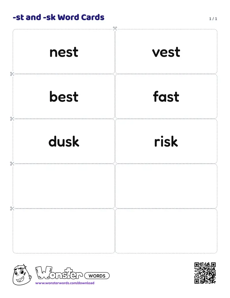 The -st and -sk Word Cards worksheet: 6 cards