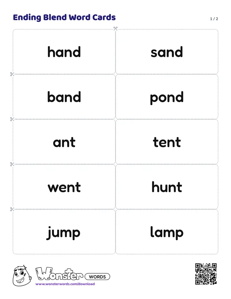 Page 1 of the Ending Blend Word Cards worksheet (2 pages): 16 cards