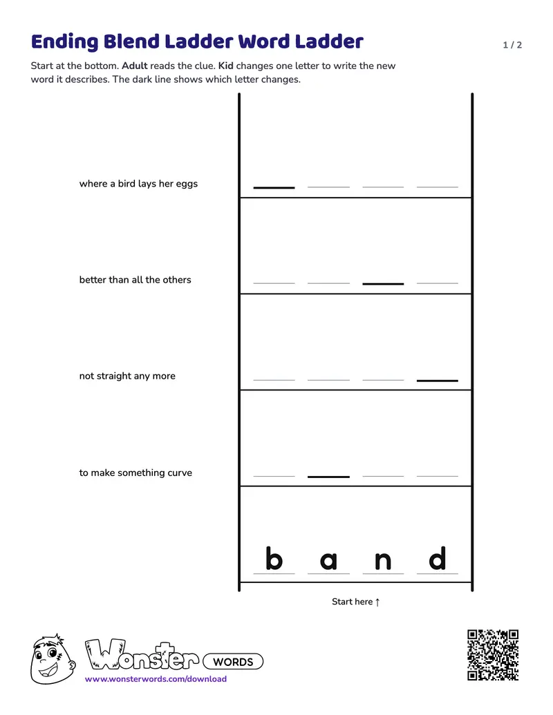 Page 1 of the Ending Blend Ladder Word Ladder worksheet (2 pages): 5 rungs, answer key included