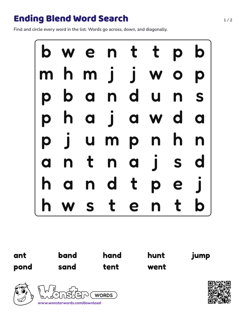 Page 1 of the Ending Blend Word Search worksheet (2 pages): 9 words, answer key included