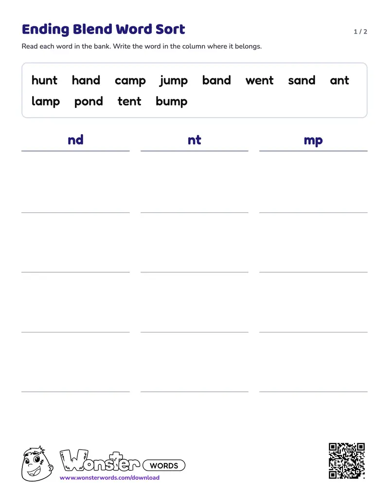 Page 1 of the Ending Blend Word Sort worksheet (2 pages): 12 words, answer key included