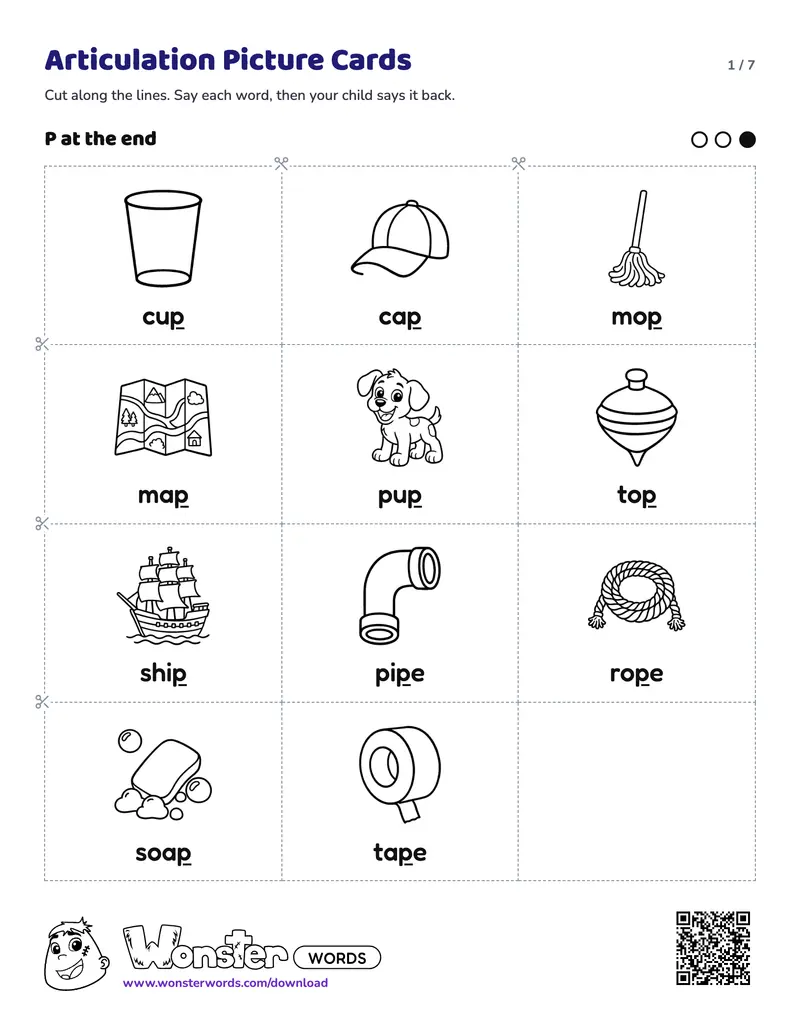 Page 1 of the Articulation Picture Cards worksheet (7 pages): 69 cards for P, T, K, M, N and S