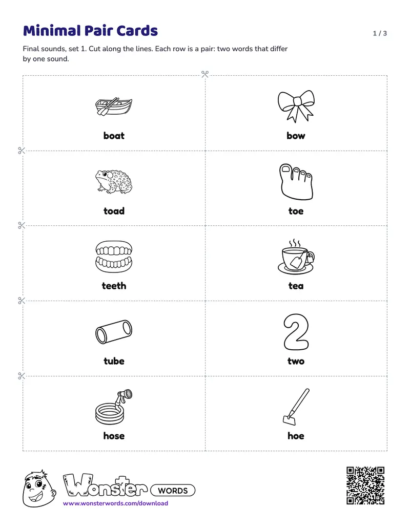 Page 1 of the Minimal Pair Cards worksheet (3 pages): 10 pairs