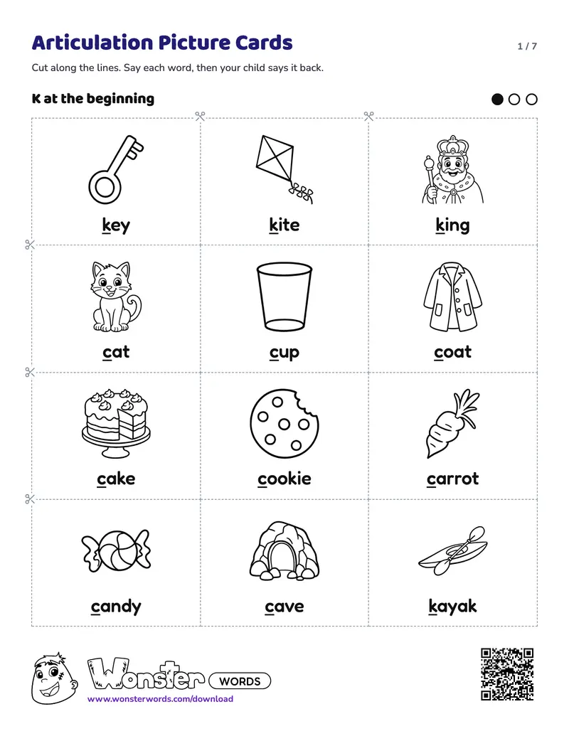 Page 1 of the Articulation Picture Cards worksheet (7 pages): 67 cards for K and G