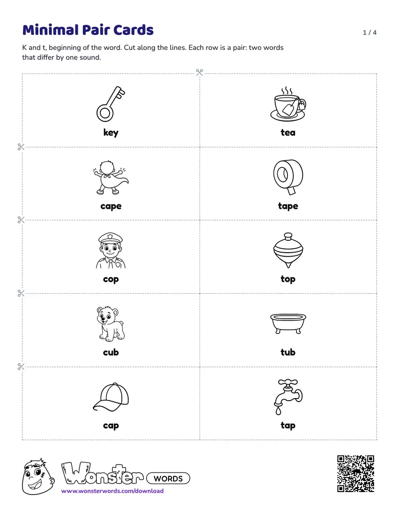 Page 1 of the Minimal Pair Cards worksheet (4 pages): 13 pairs